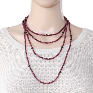 Estate Indian Garnet Beaded Necklace Sterling Silver Bead Extra Long 80” Strand